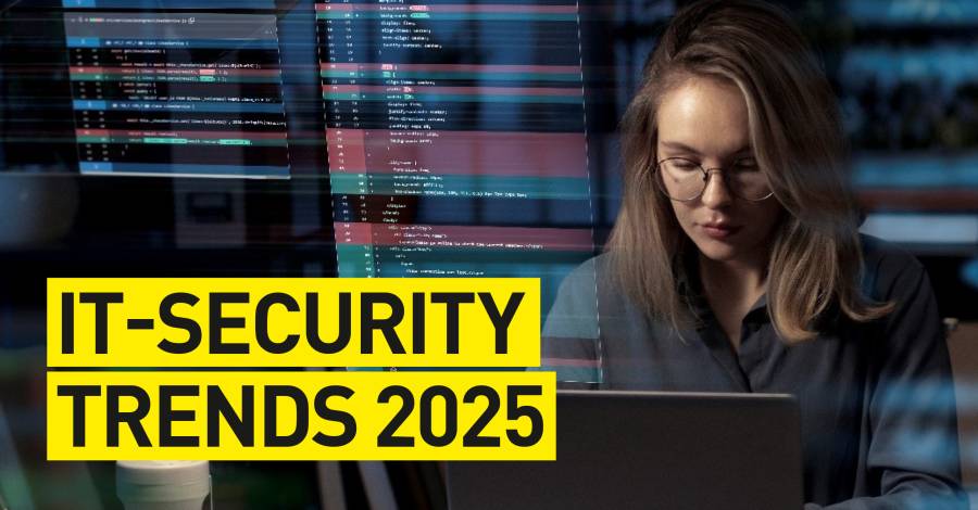 Frau sitzt vor Laptop, Programmiercode ist zu sehen und Schriftzug "IT-Security Trends 2025"